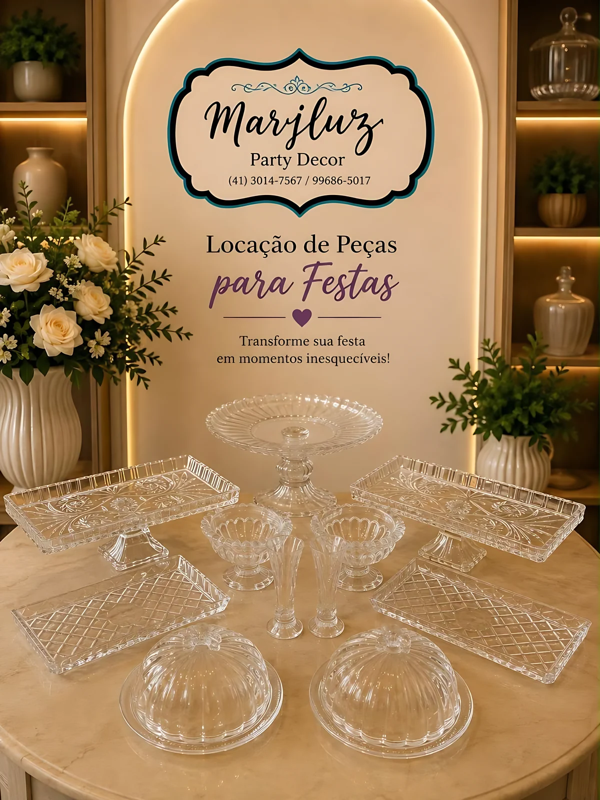 Kit de cristal com boleira, bandejas, taças e cúpulas de vidro lapidado