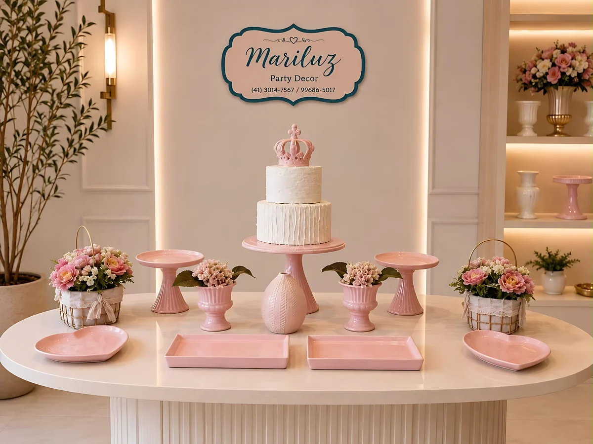 Kit rosa com bolo de coroa, suportes e bandejas