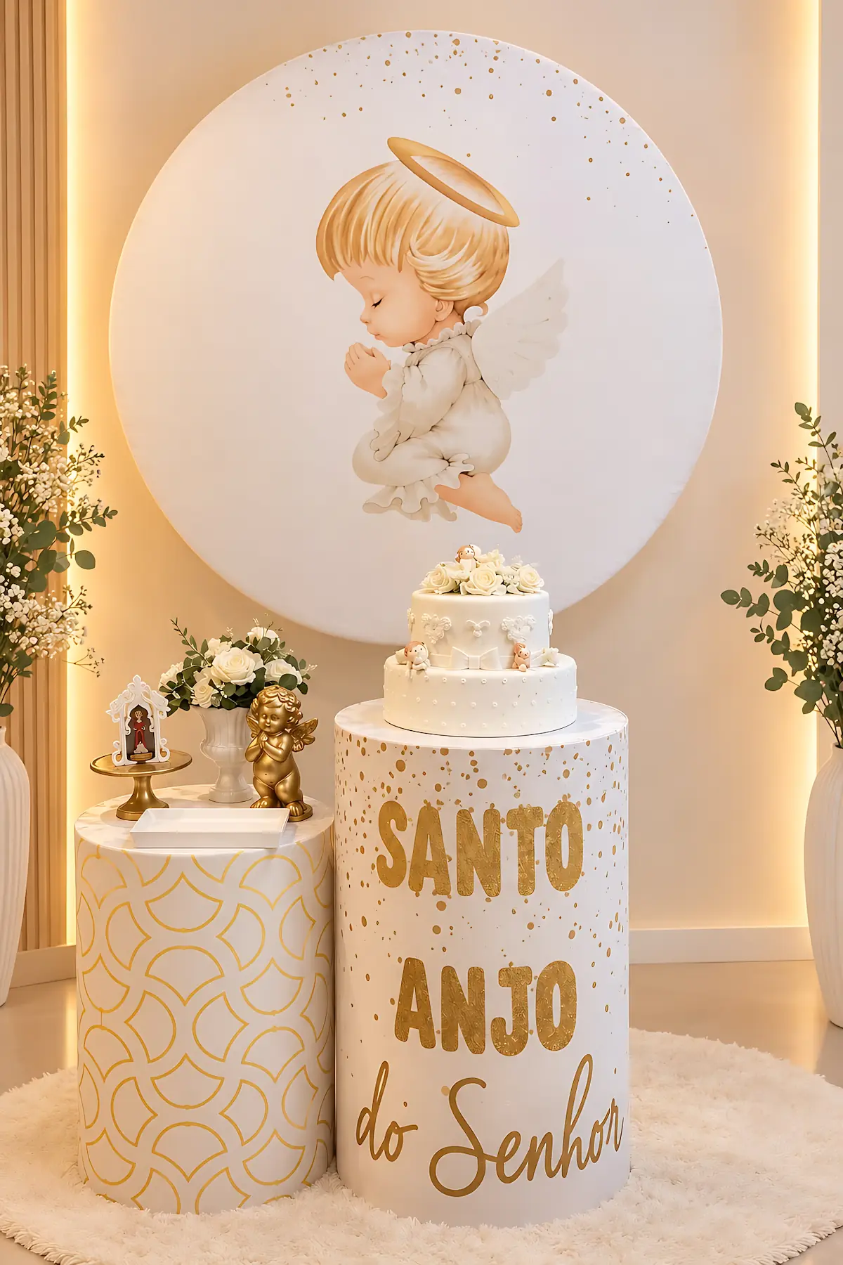 Kit Santo Anjo com painel do anjinho e cilindros branco e dourado