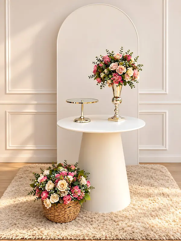 Painel em arco off-white com mesa e rosas